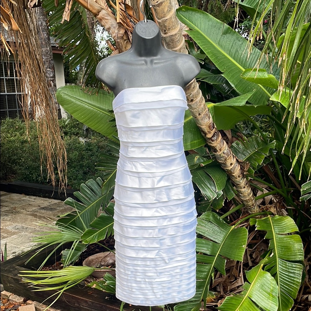 strapless satin ruffled dress
